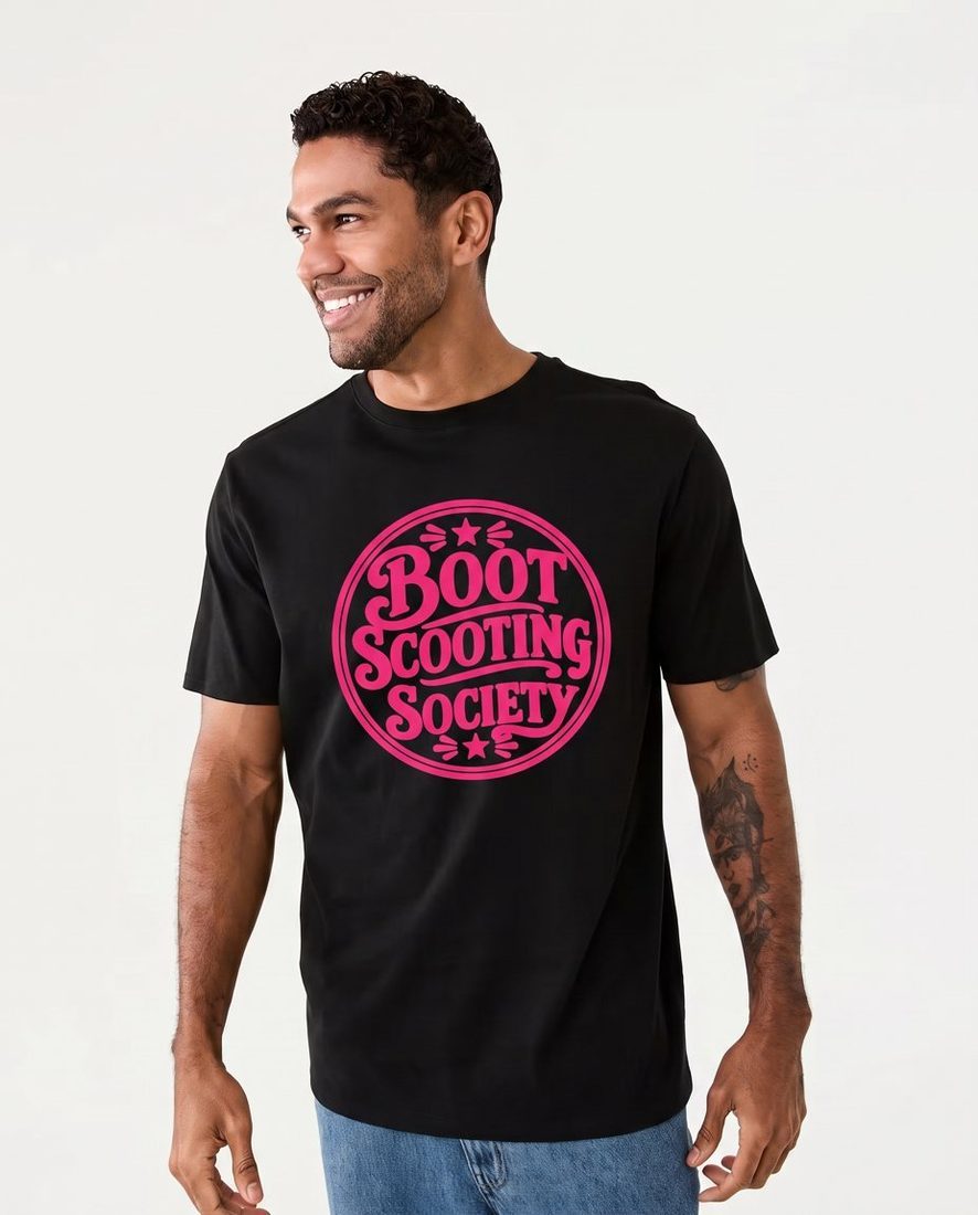 Men's Cut Cotton Crew Neck T-shirt, front, with hot-pink Boot Scooting Society badge