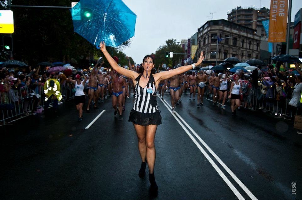 Leading the float down the parade route in the rain