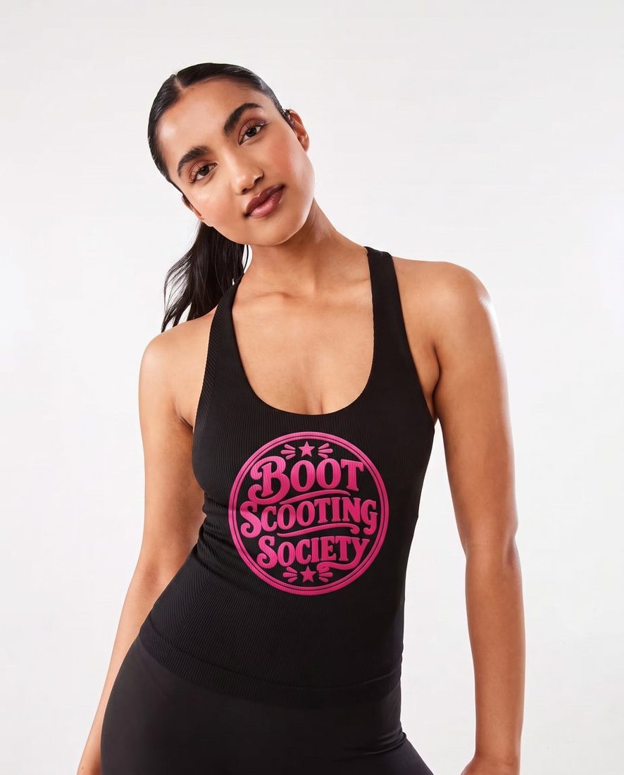 Active Womens Ribbed Tank Top, front, with hot-pink Boot Scooting Society badge
