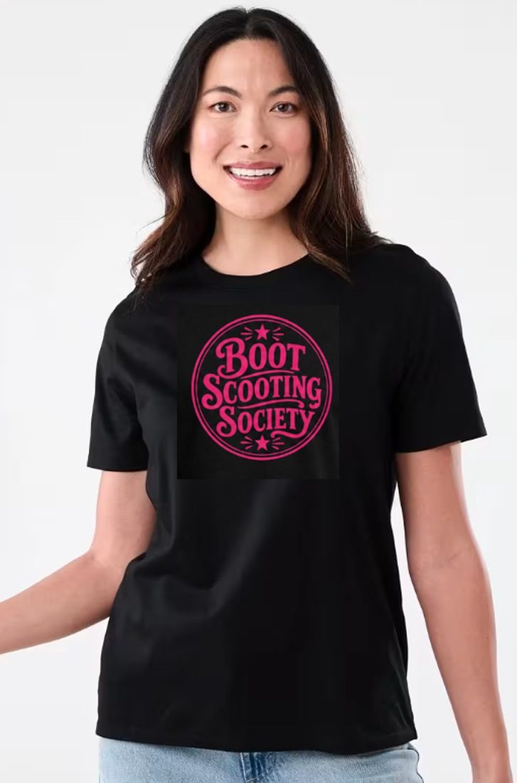 Women's Cut Cotton Crew Neck T-shirt, front, with hot-pink Boot Scooting Society badge