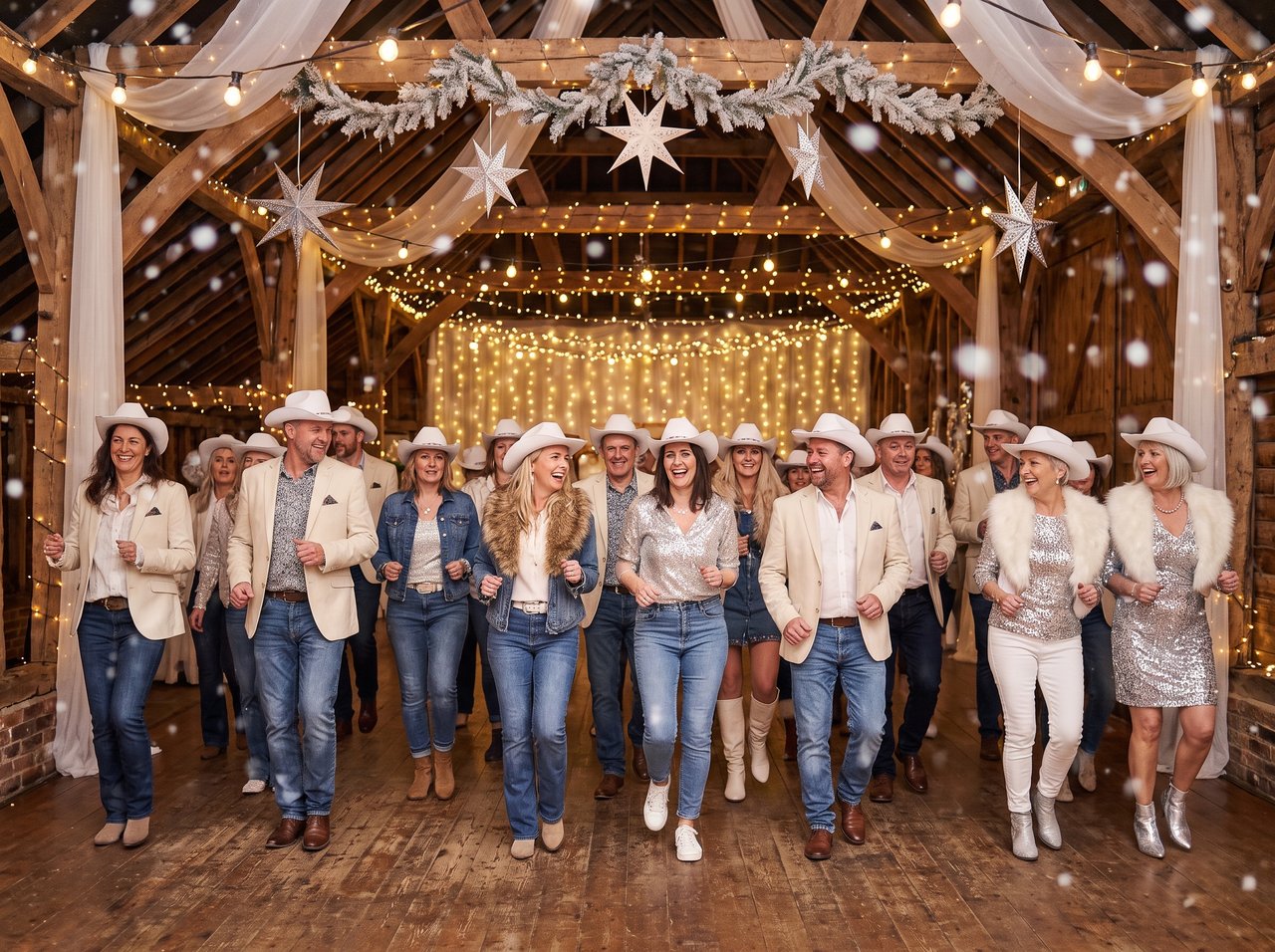 A crowd dressed in winter white line dancing under fairy lights